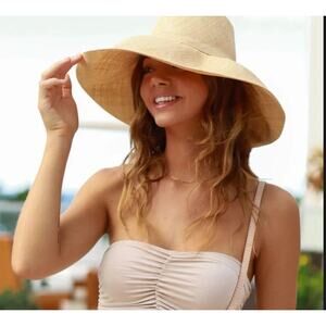 Shebobo Tan Raffia Wide Brim Packable Sun Straw Hat Bow Detail Beach Pool Resort